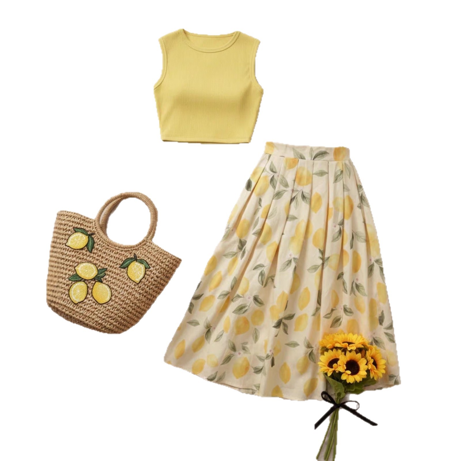Lemon Print Sleeveless Tank Top and High-Waist Flared Midi Skirt Set