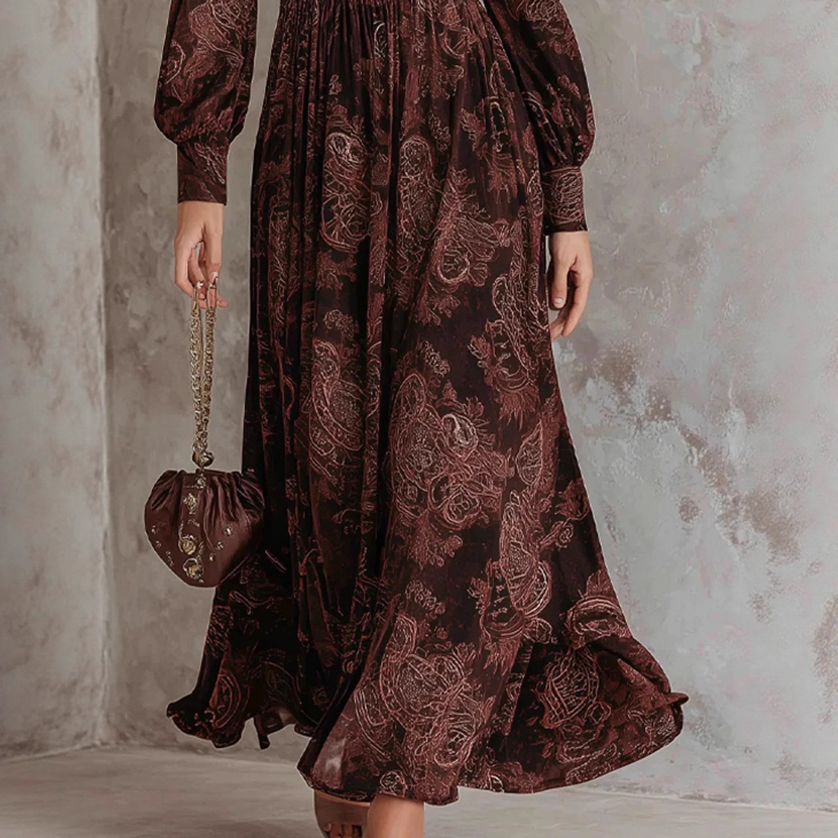 Women's Digital Print Pleated V-Neck Long Dress with Zip Waist