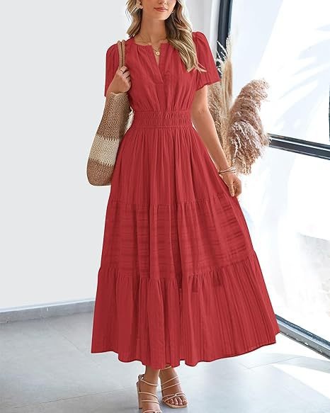 V-Neck Ruched Bubble Sleeve Tiered Maxi Dress