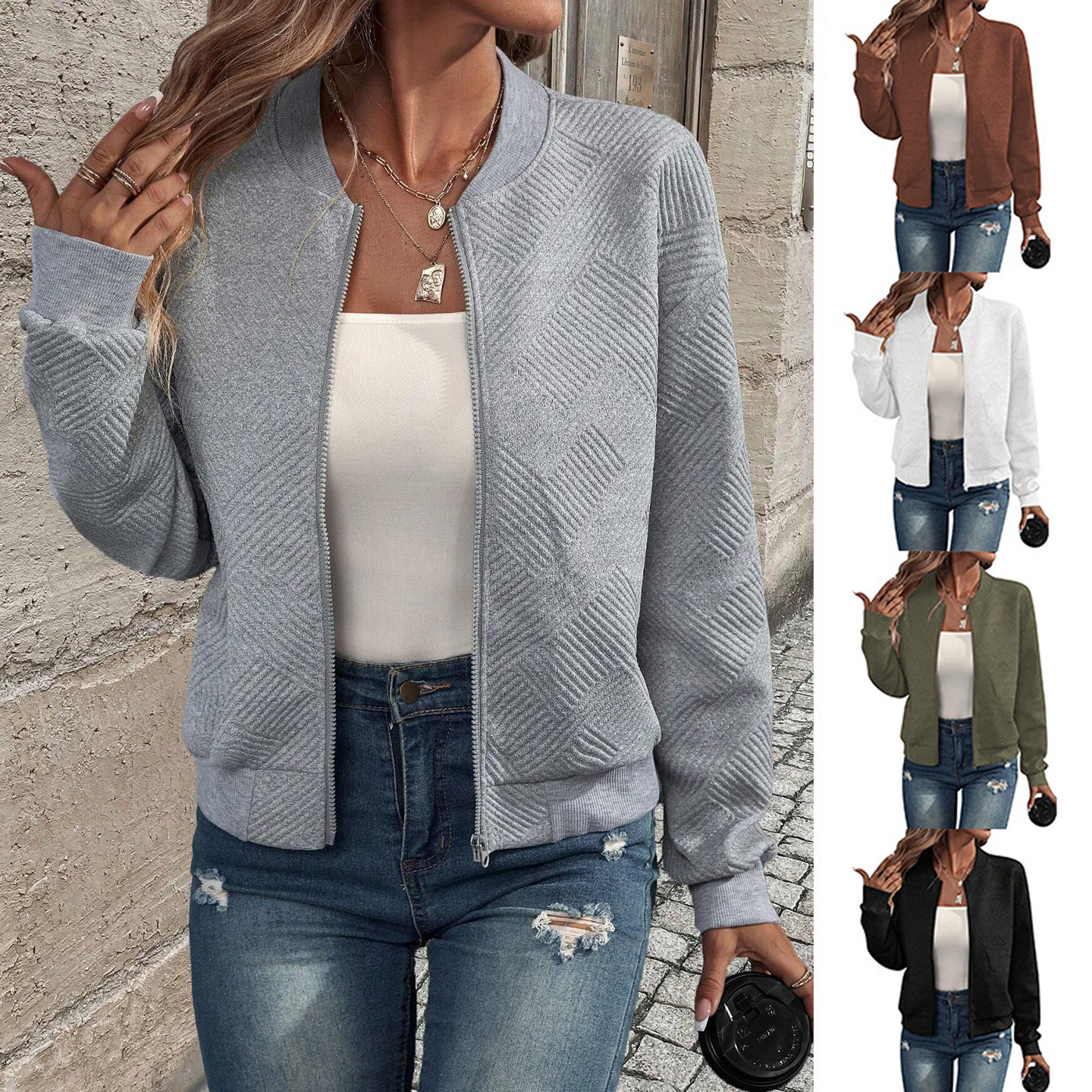 Women's Solid Zip-Up Bomber Jacket Crew Neck Windproof Casual