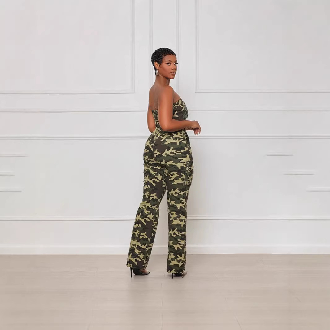 Women's Off-Shoulder Camo Jumpsuit with Elastic Waist and Zip