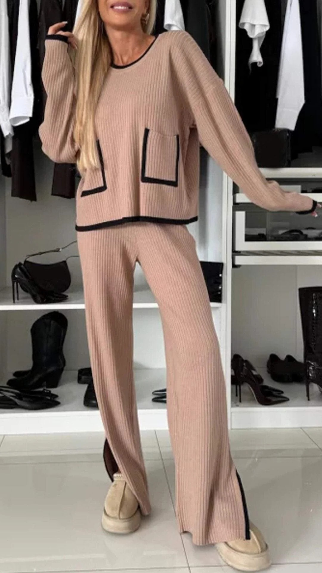 Color-Block Women's Casual Two-Piece Set with Pocket Top and Wide-Leg Pants