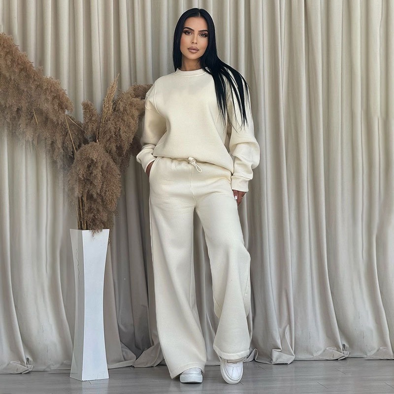 Women's Solid Crewneck Long Sleeve Wide-Leg Pants Set Casual Loose Fit