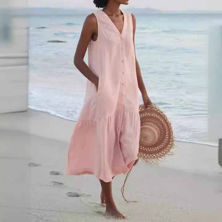 Solid Cotton V-Neck Sleeveless Maxi Dress with Loose Waist