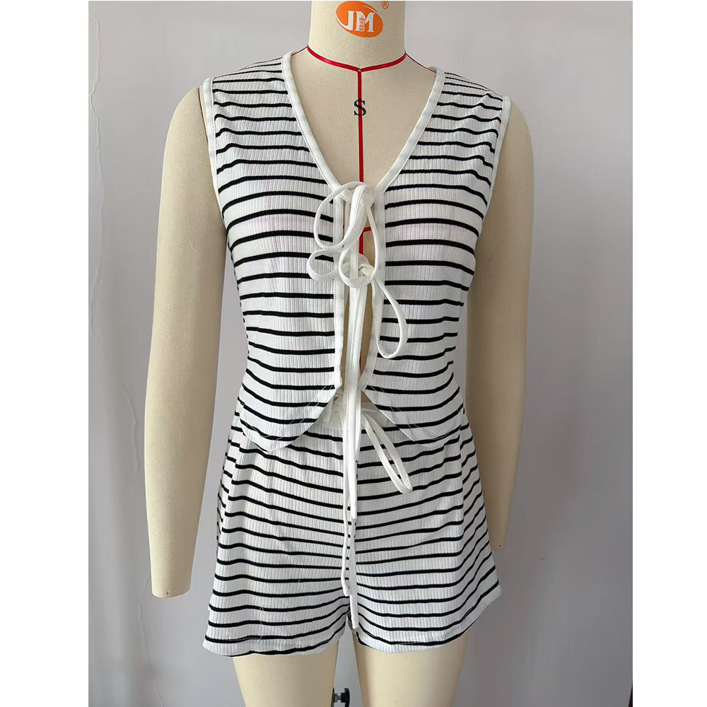 Striped Sleeveless Tie-Front Tank Top and Shorts Set