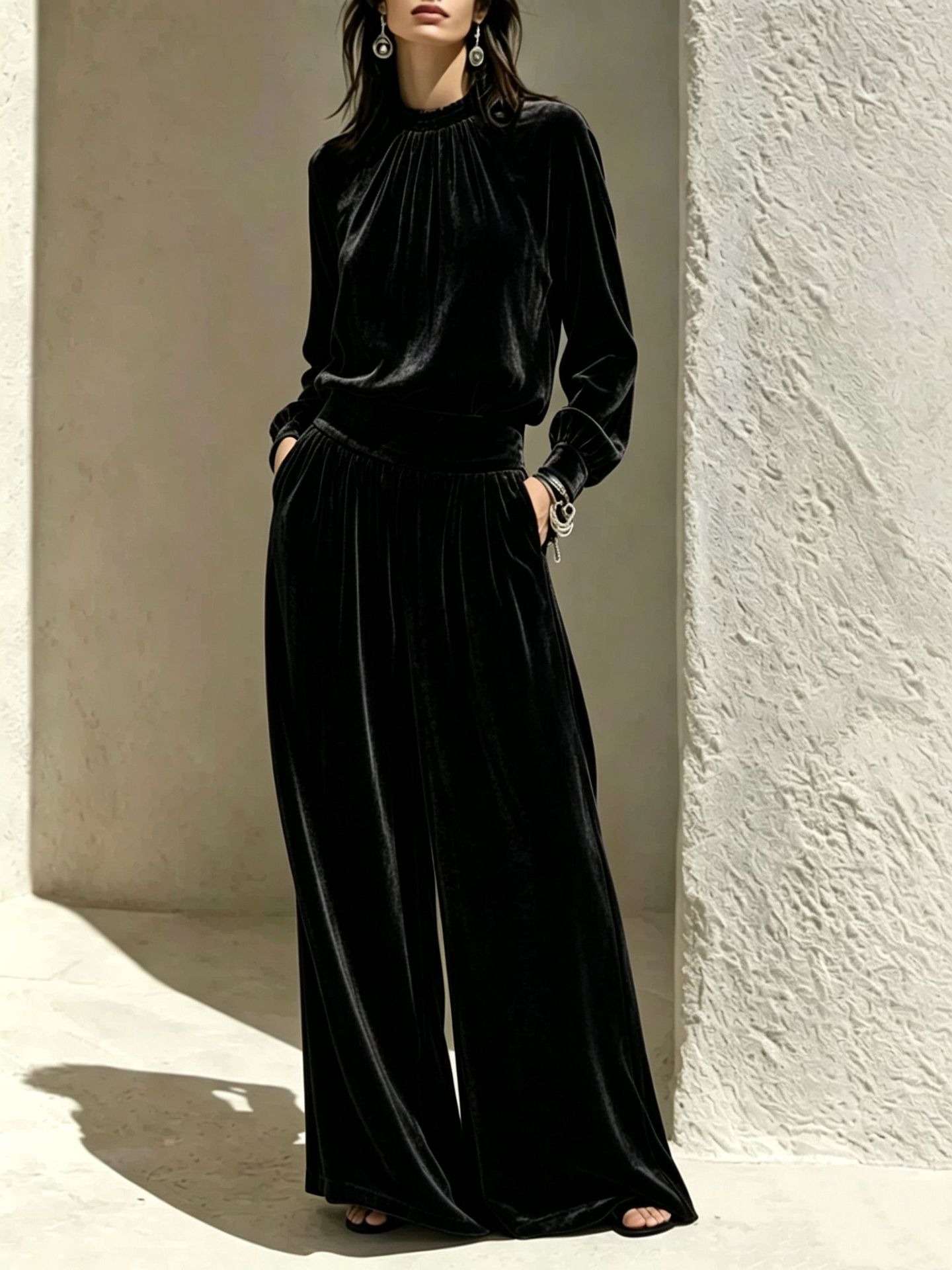 Wide-Leg Velvet Two-Piece Set with Long-Sleeve Top