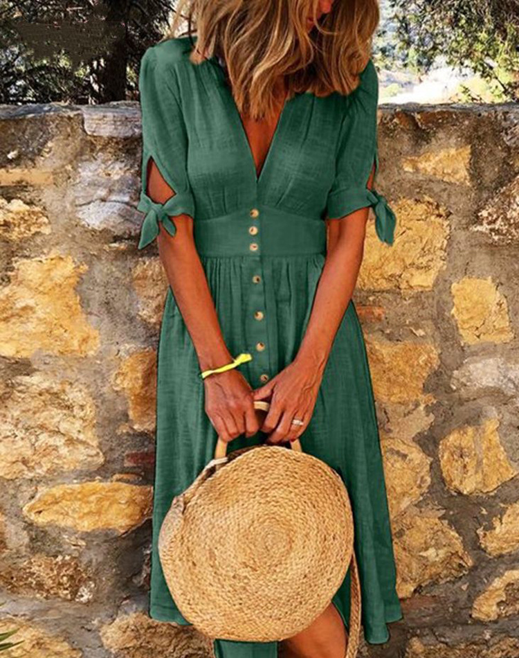Short Sleeve V-Neck Tie-Waist A-Line Maxi Dress with Button Detail