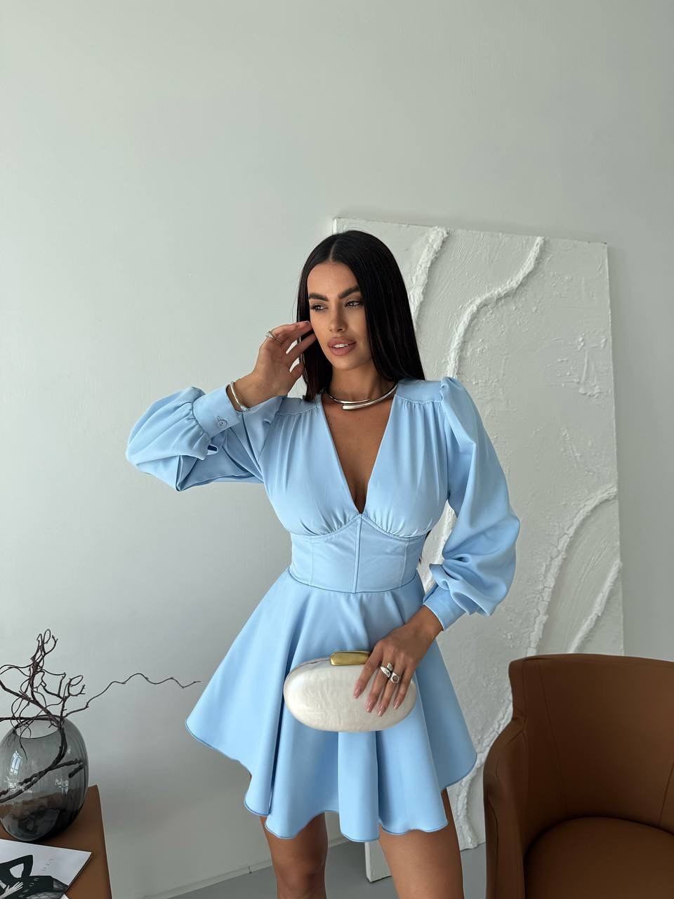 Women's V-Neck Puff Sleeve High Waist A-Line Dress