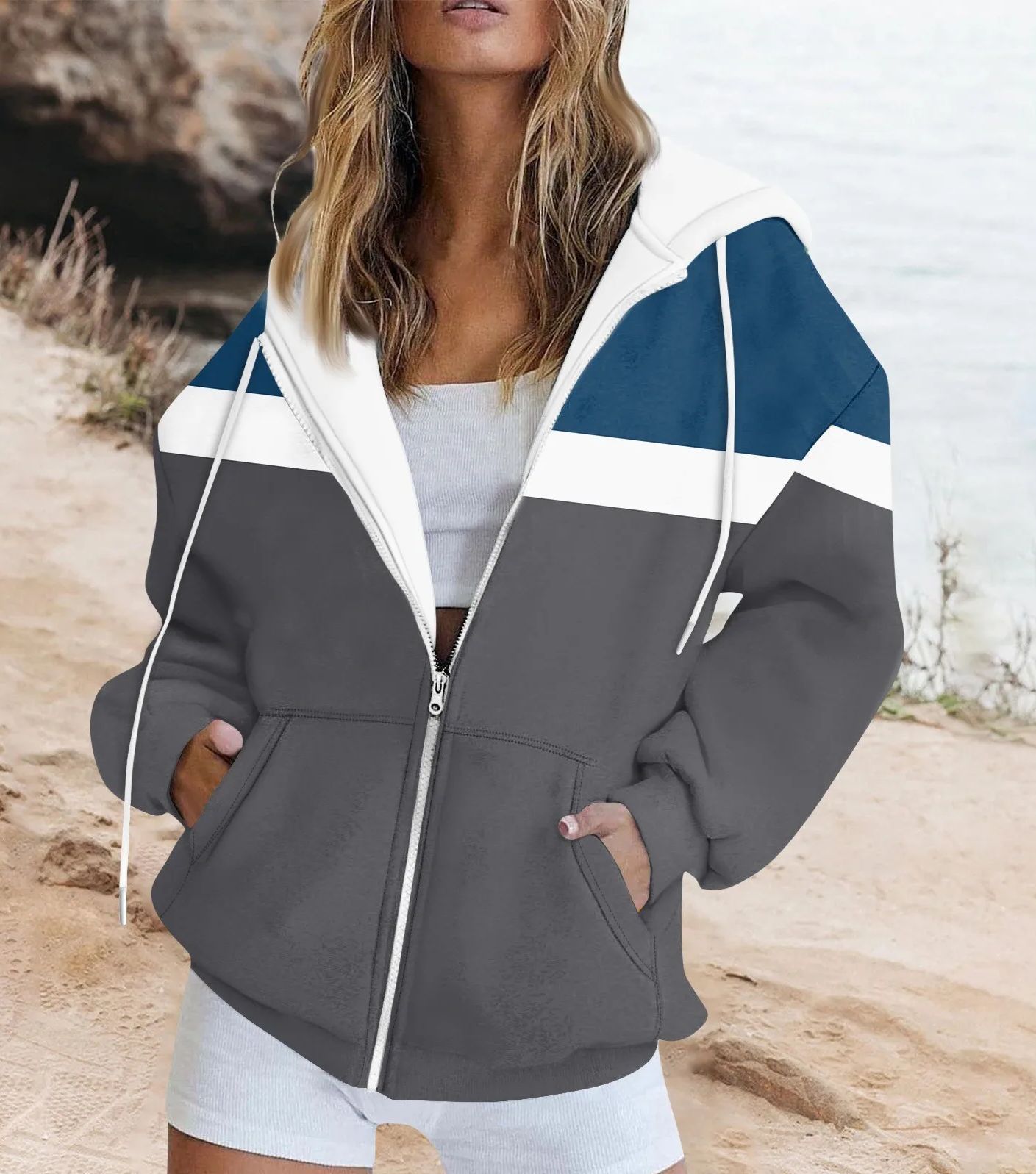 Women's Colorblock Print Zip-Up Sweatshirt