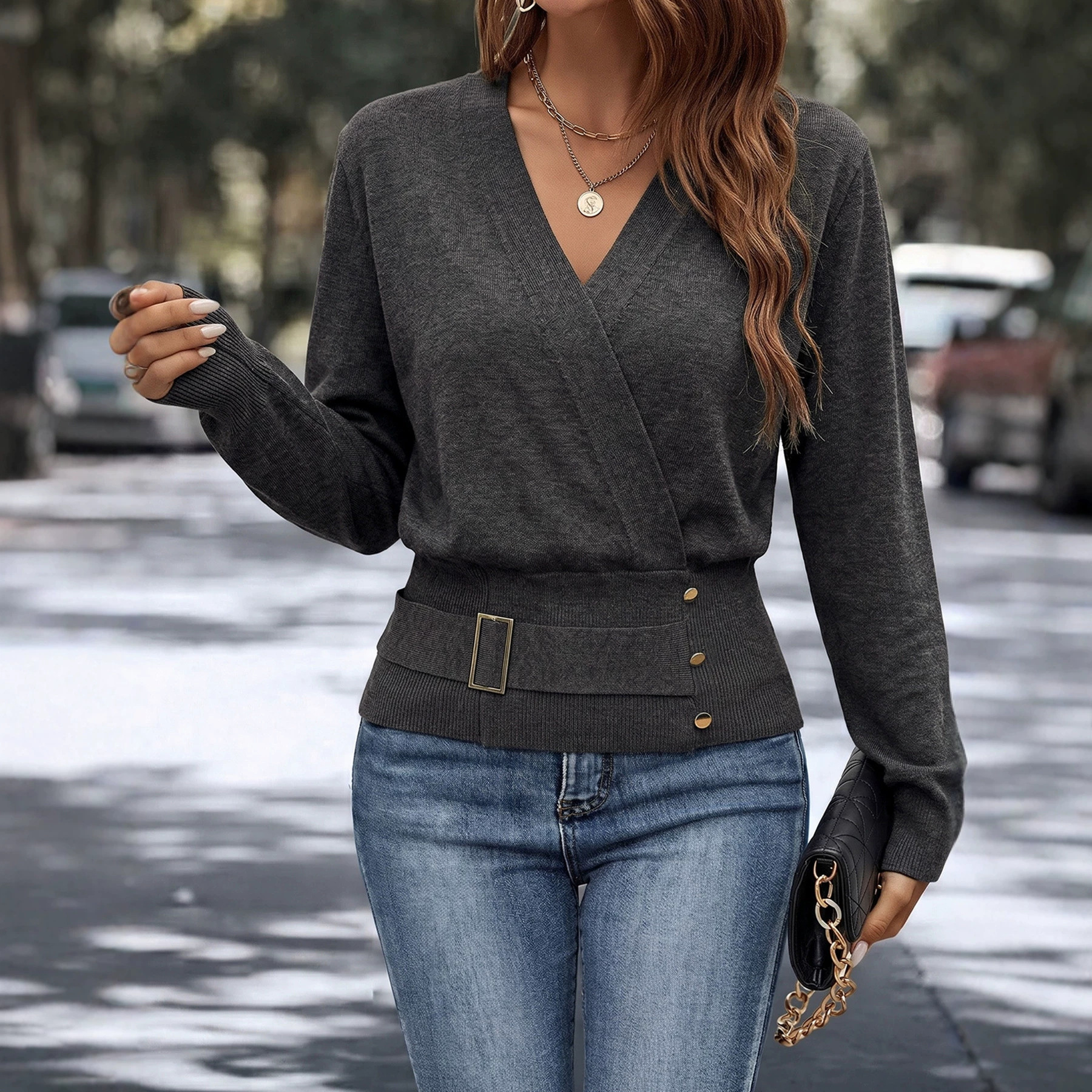 Women's Double-Collar Button Knit Sweater Soft Loose Pullover