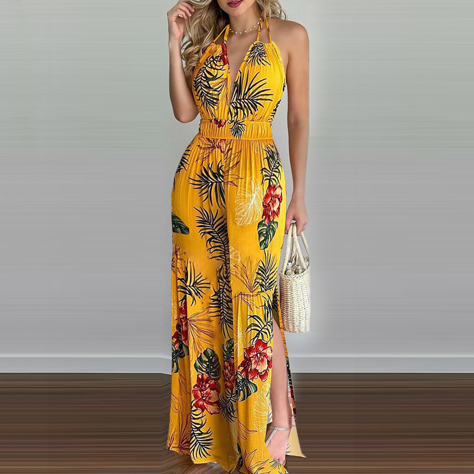 Women's Digital Print Sleeveless Jumpsuit with V-Neck and Wide Leg