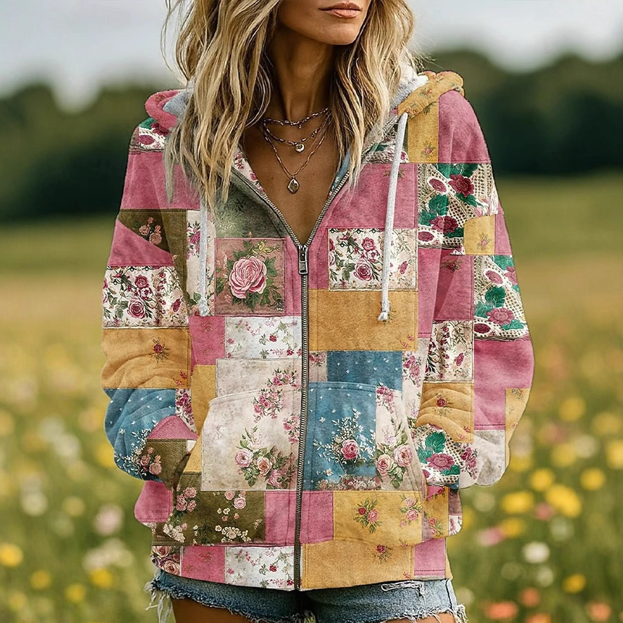 Women's Floral Pumpkin Print Zip-Up Hoodie