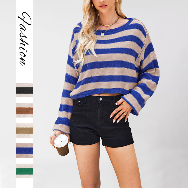 Striped Pullover Sweater Loose Short Knit Top