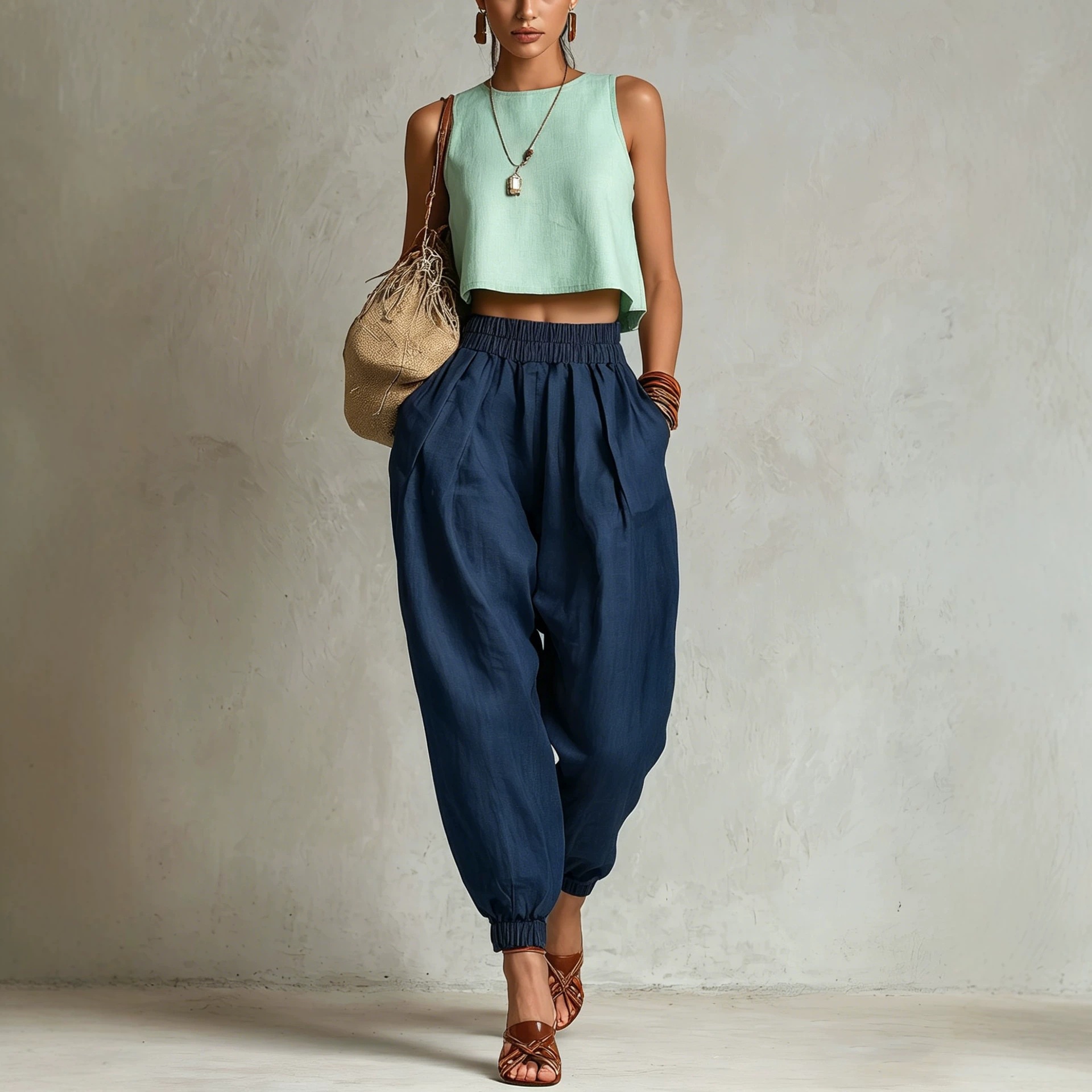 Women's Cotton-Linen Harem Pants Elastic Waist Loose Slimming Cuffed Lantern Casual Trousers