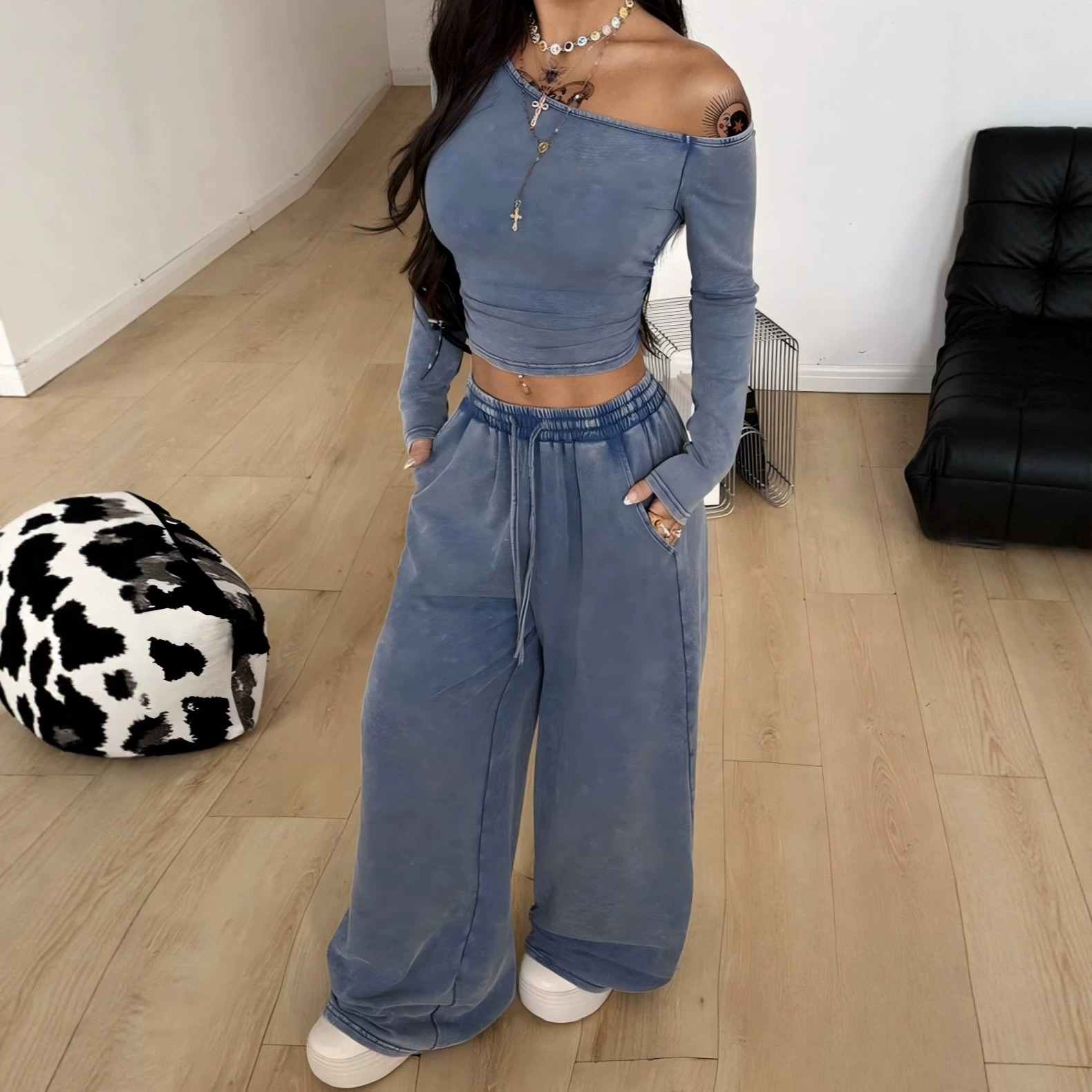 Washed Off-Shoulder Top & Wide-Leg Pants Lounge Set