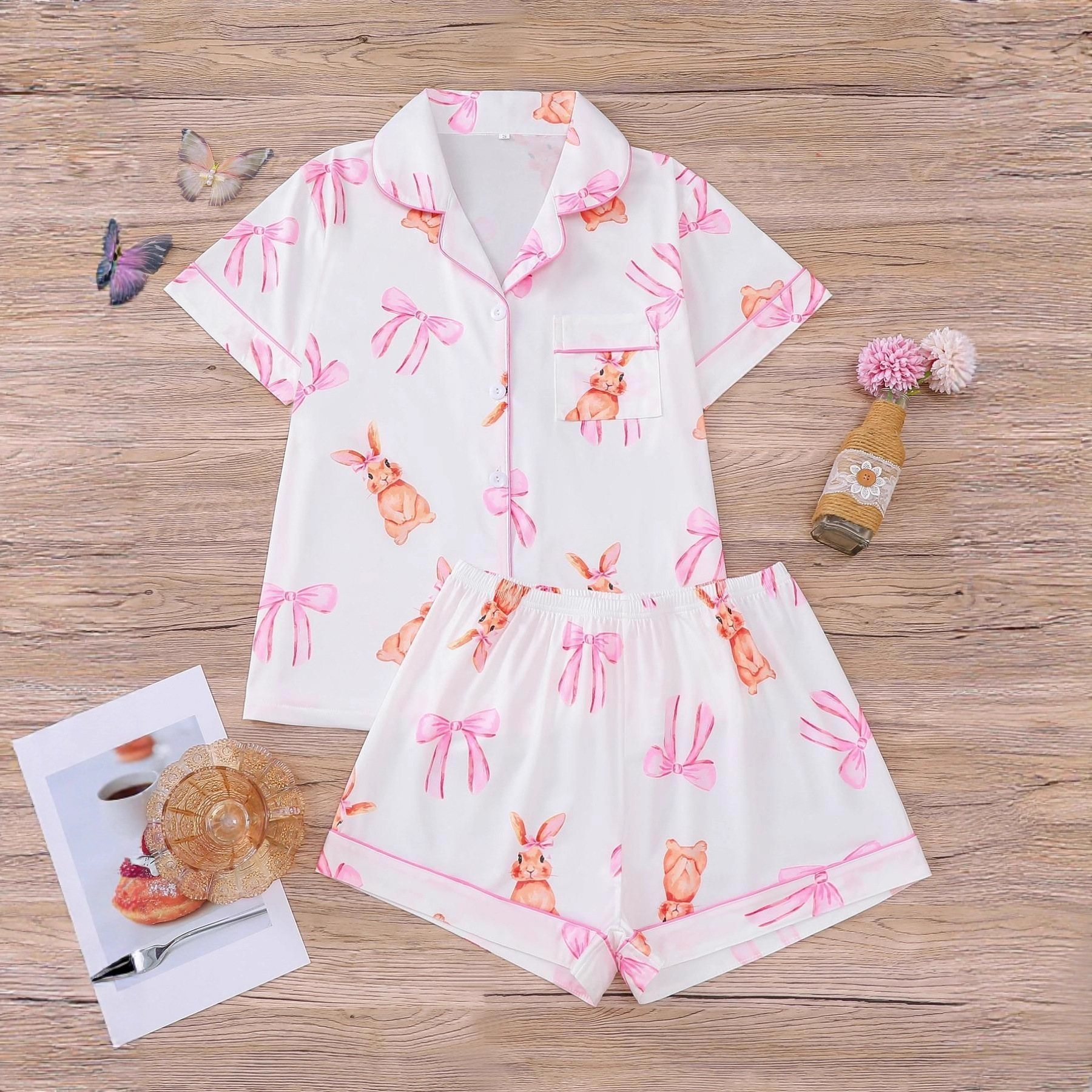 Women's Cuban Collar Rabbit Print Two-Piece Set with Ribbon