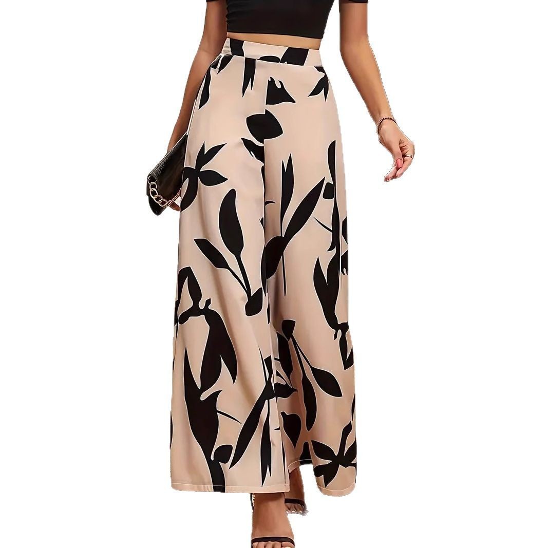 Leaf Print Wide-Leg Casual Pants for Women