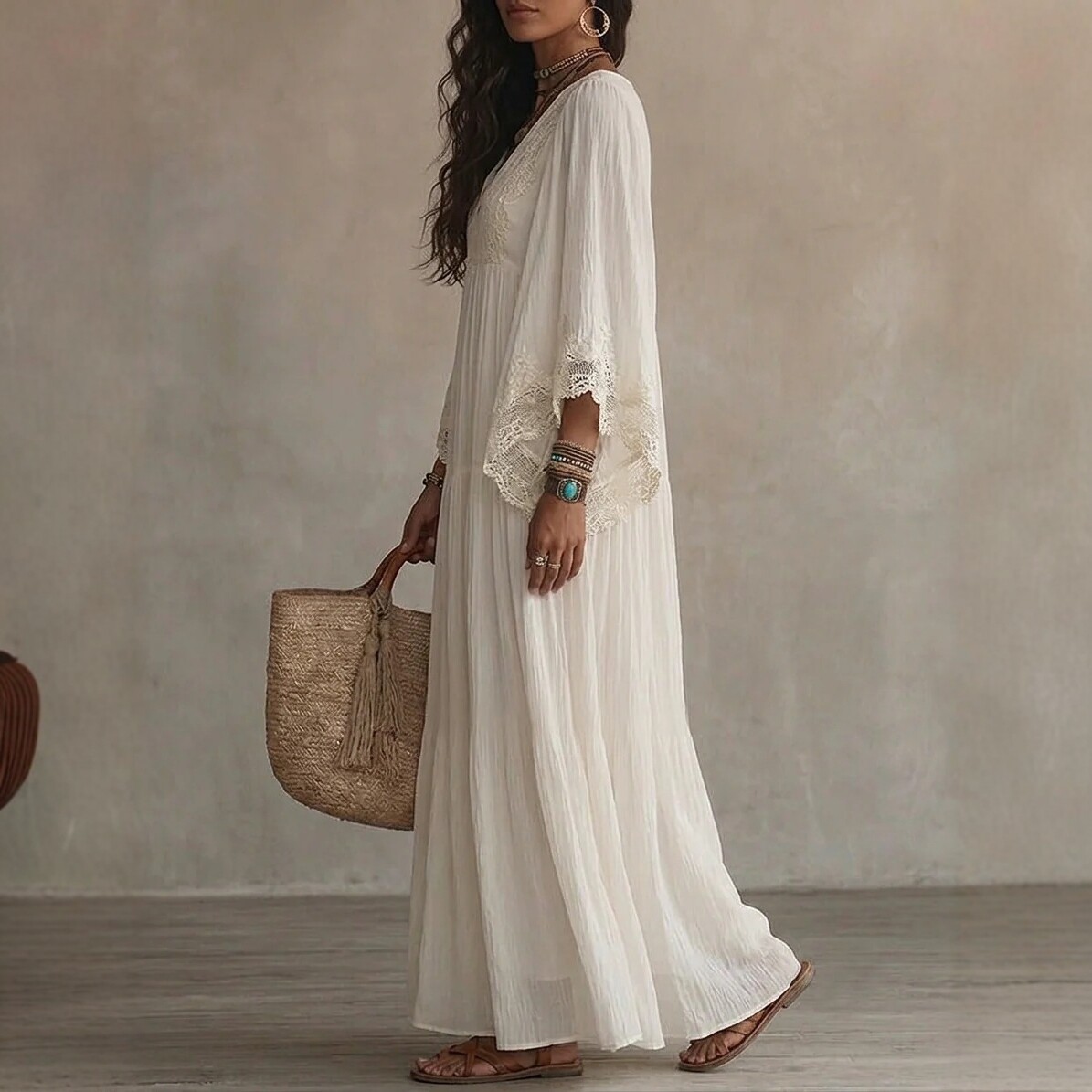 White Lace V-Neck Long Dress with Batwing Sleeves