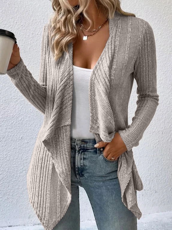 V-Neck Ribbed Knit Cardigan with Asymmetrical Hem