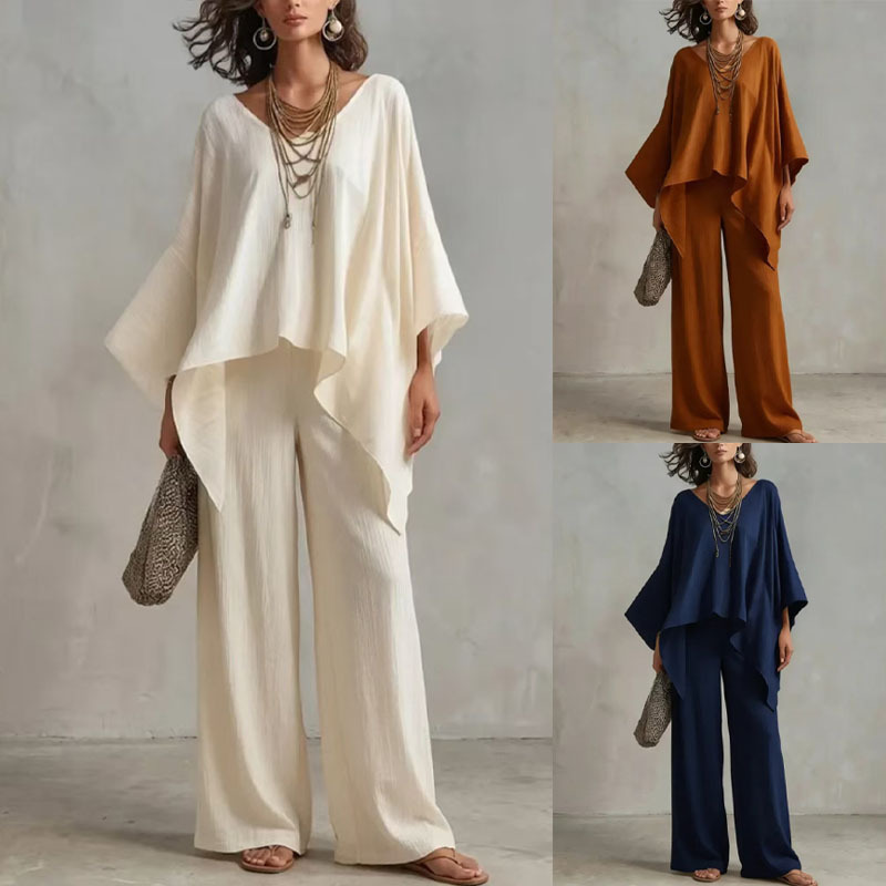 Women's Summer Cotton-Blend Two-Piece Set – Solid Color, Loose Fit, Elegant Casual