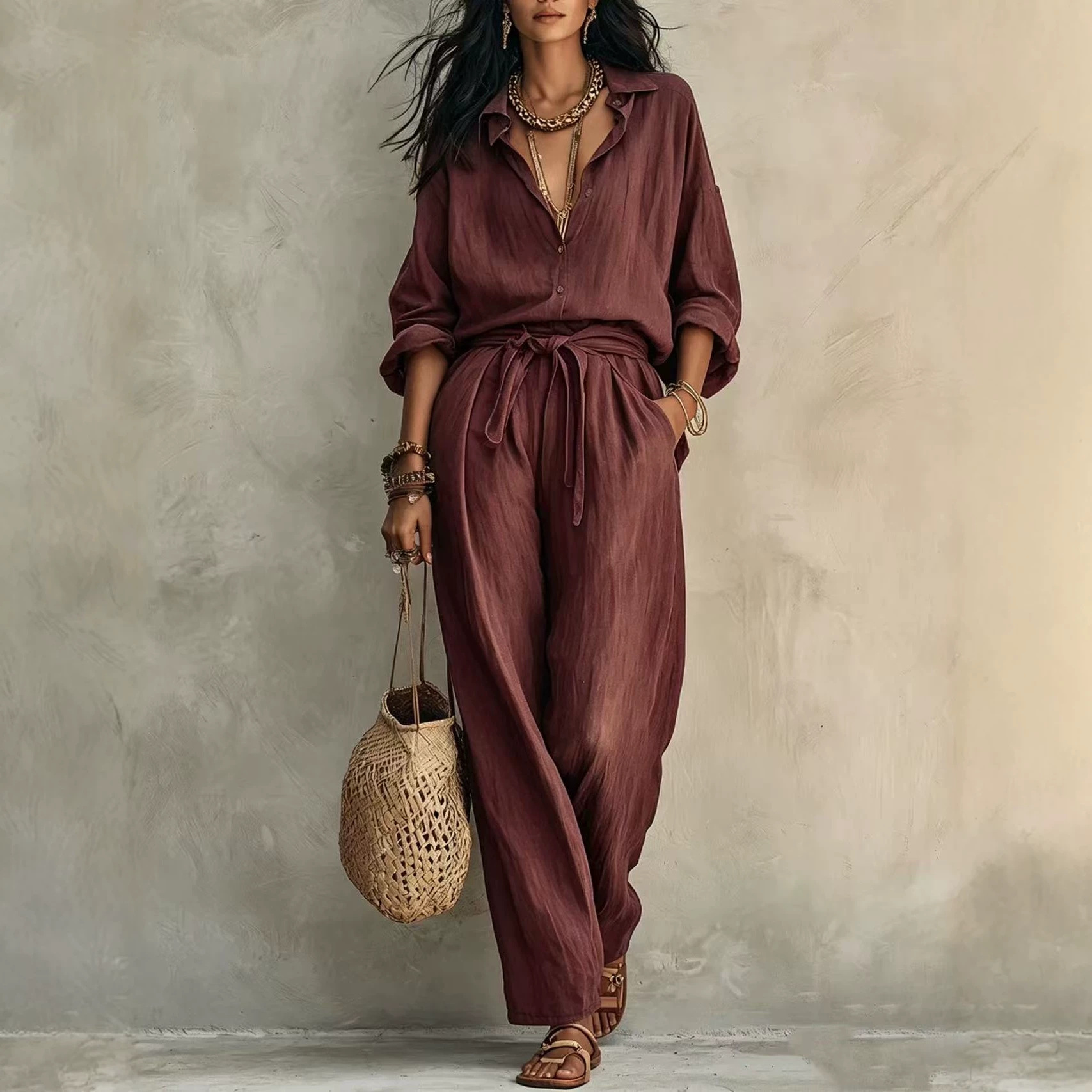 Textured Crinkle Wide-Leg Shirt and Pants Set with Tie