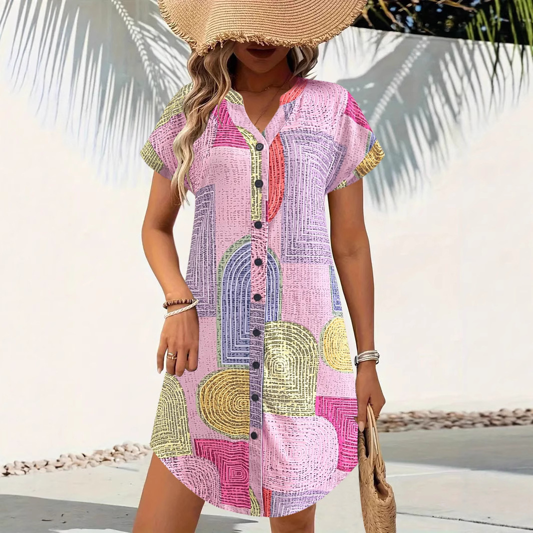 Geometric Print V-Neck Button Short Sleeve Loose Casual Dress