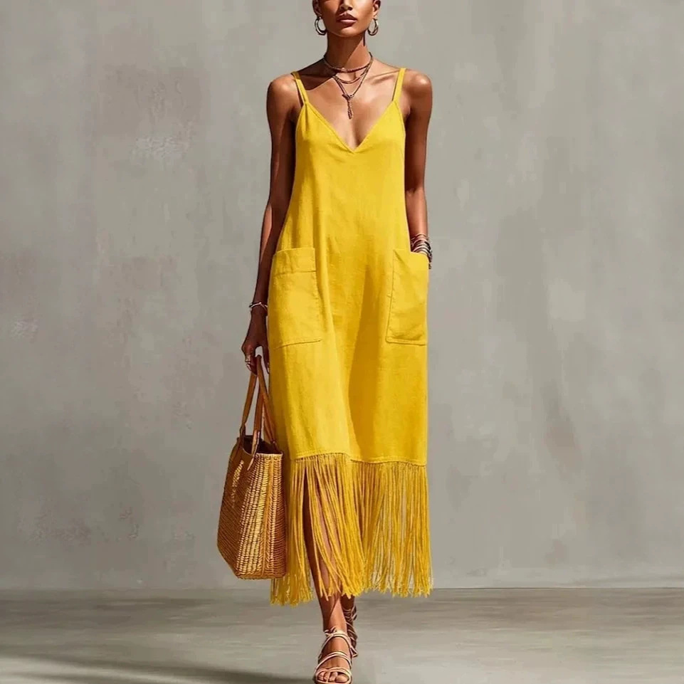 Bohemian Tassel Hem Sleeveless Maxi Dress