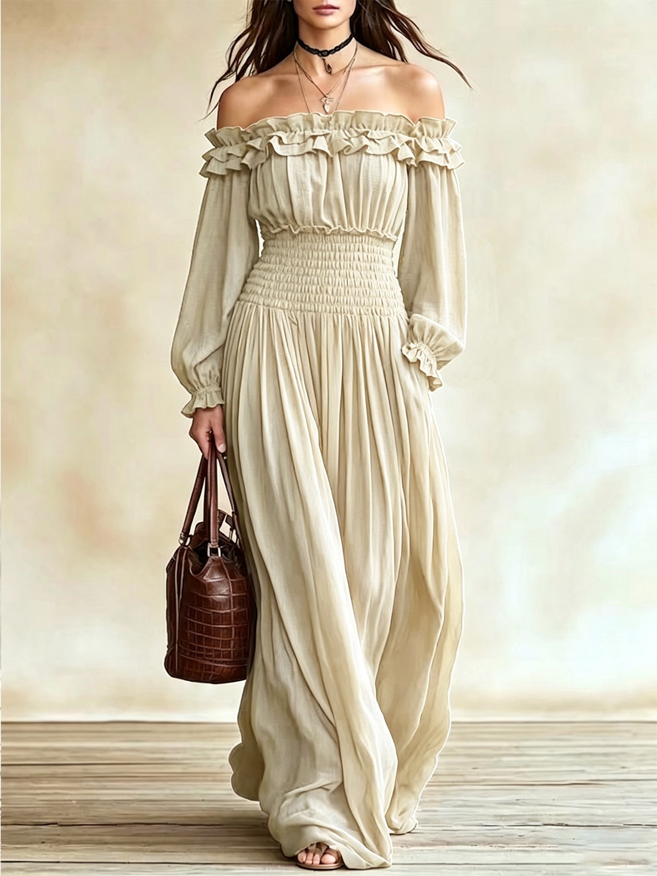 Women's Off-Shoulder Ruffle Long Sleeve Waist-Cinching Midi Dress
