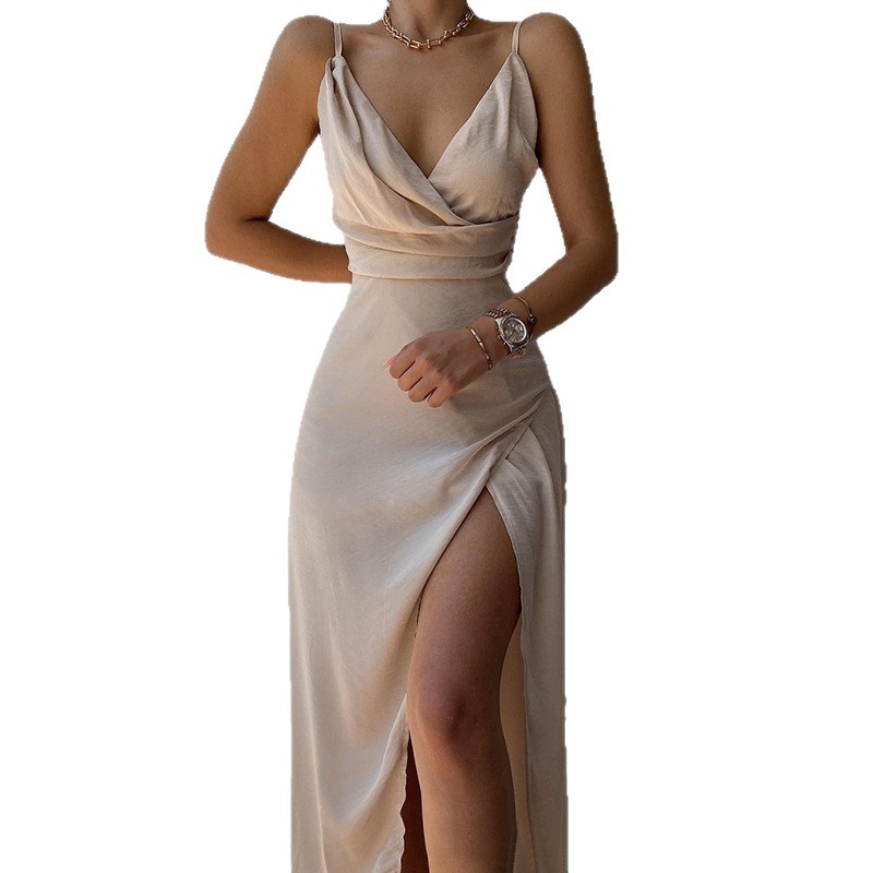 Sexy V-Neck Cami Dress with Slit Slim Fit