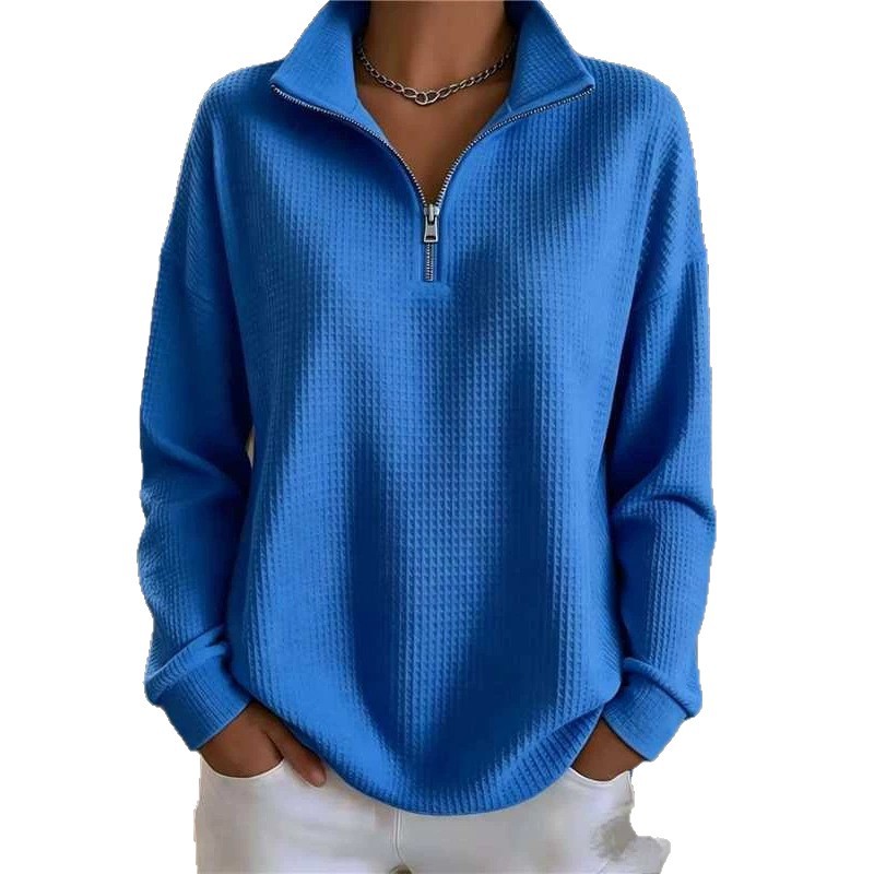 Women's Waffle Knit Half-Zip Hoodie Loose Fit Solid Color Top