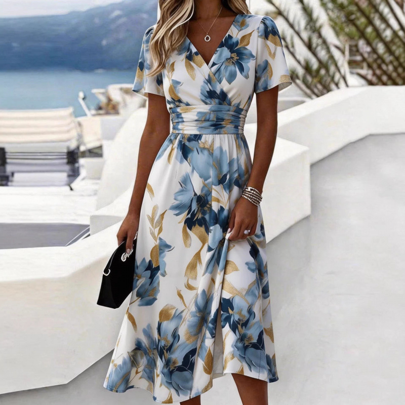 3D Print Short Sleeve V-Neck A-Line Midi Dress