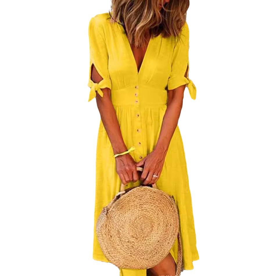 Short Sleeve V-Neck Tie-Waist A-Line Maxi Dress with Button Detail