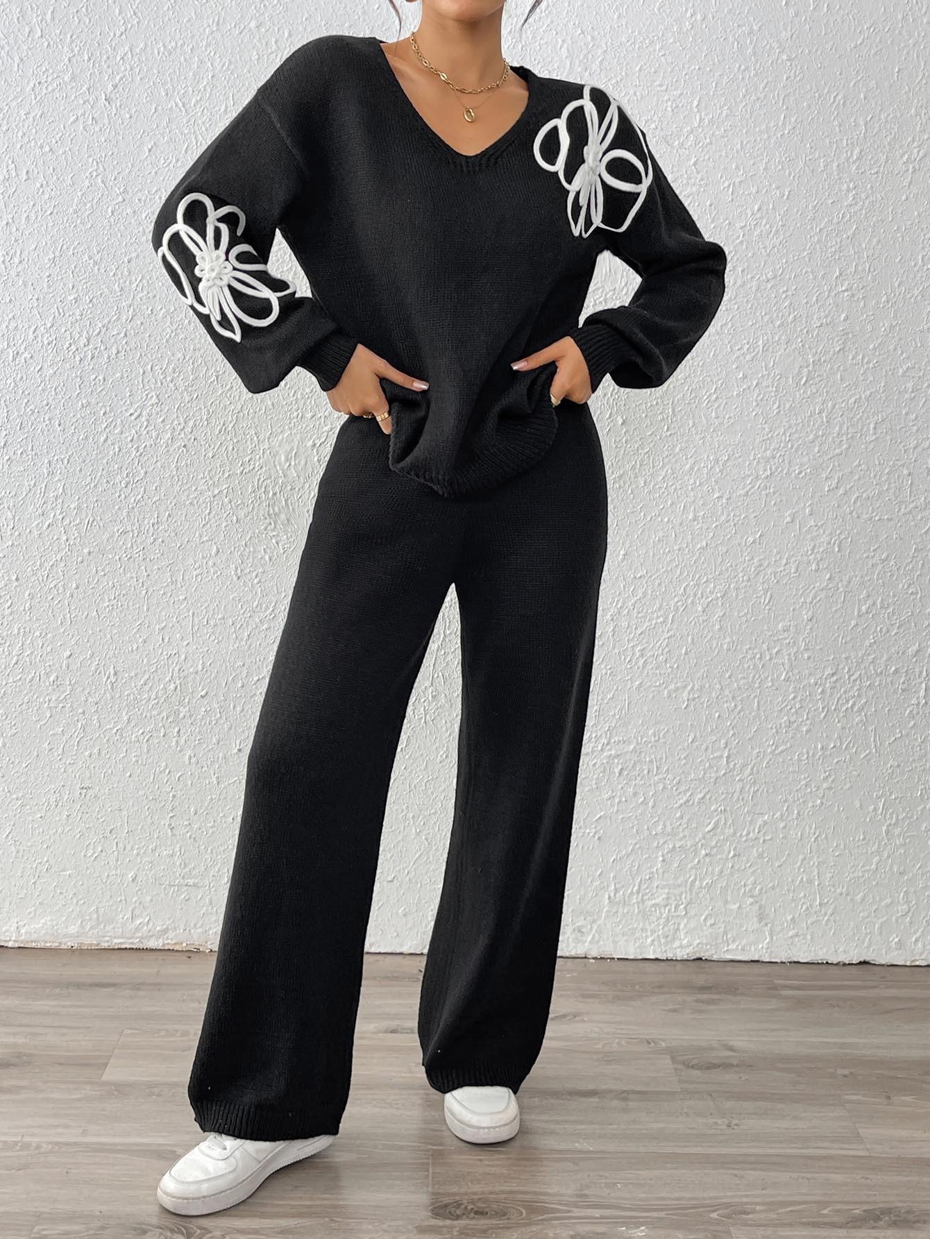Women's Floral Embroidered V-Neck Sweater and Straight Pants Two-Piece Set