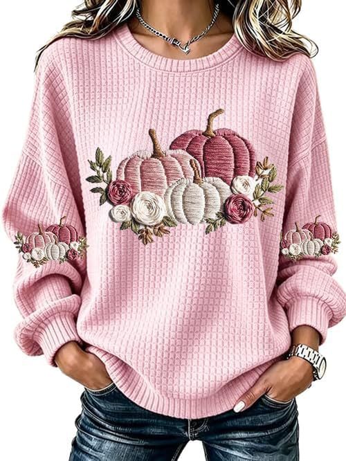 Ribbon Letter Print Crewneck Long Sleeve Waffle Sweatshirt for Women