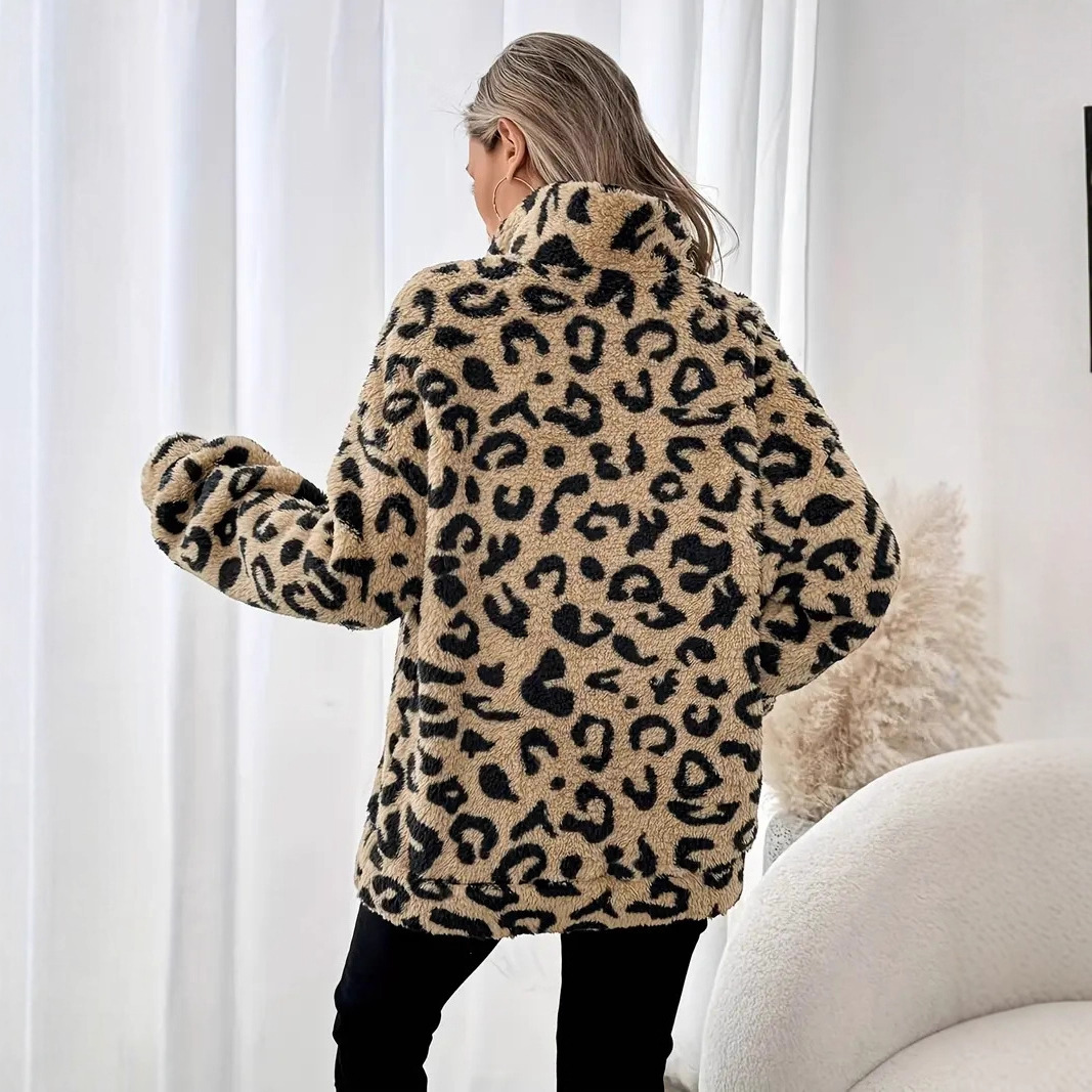 Women's Leopard Print Zip-Up Fleece Hoodie with Pockets