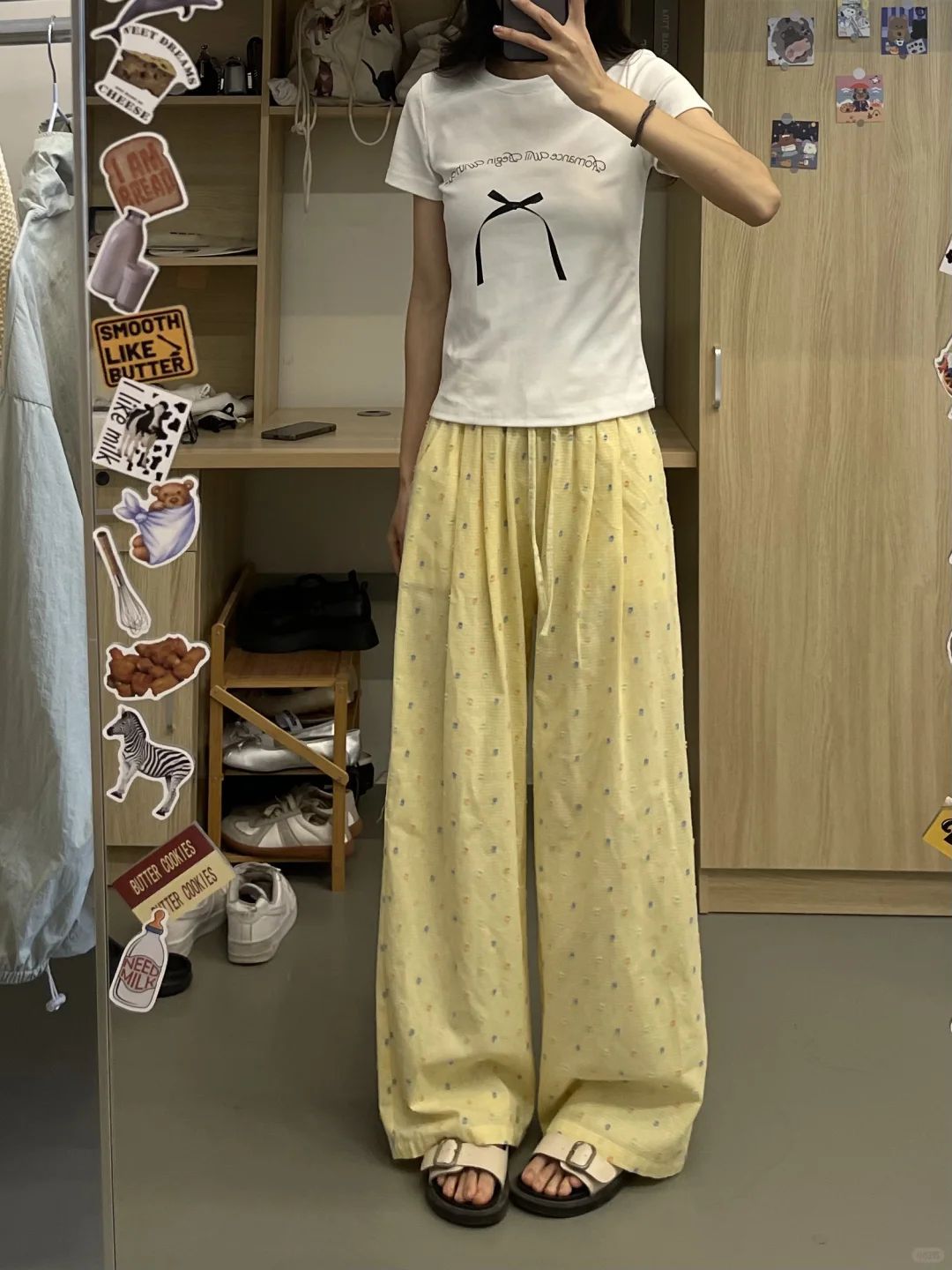 Yellow Polka Dot Wide-Leg Pants for Women High Waist Draped Casual