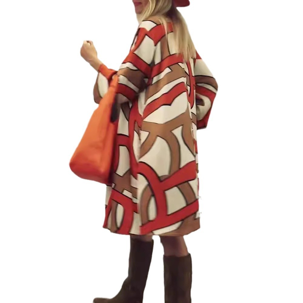 Women's Round Neck Long Sleeve Printed Midi Dress