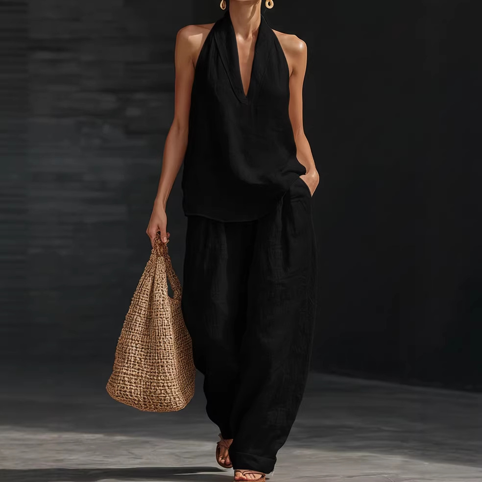 Women's Halter V-Neck Sleeveless Casual Pant Set