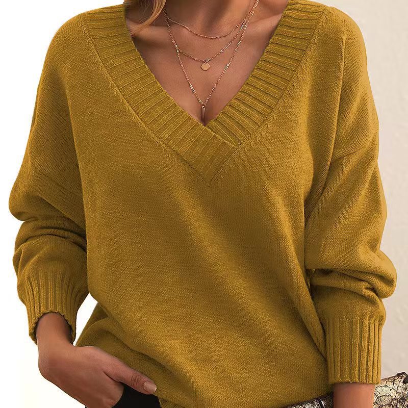 Women's Loose V-Neck Pullover Sweater Casual Knit Top