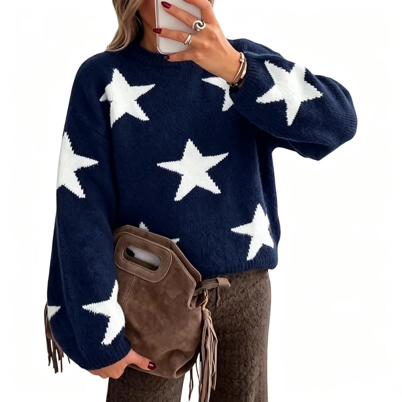 Women's Star Jacquard Drop Shoulder Lantern Sleeve Sweater