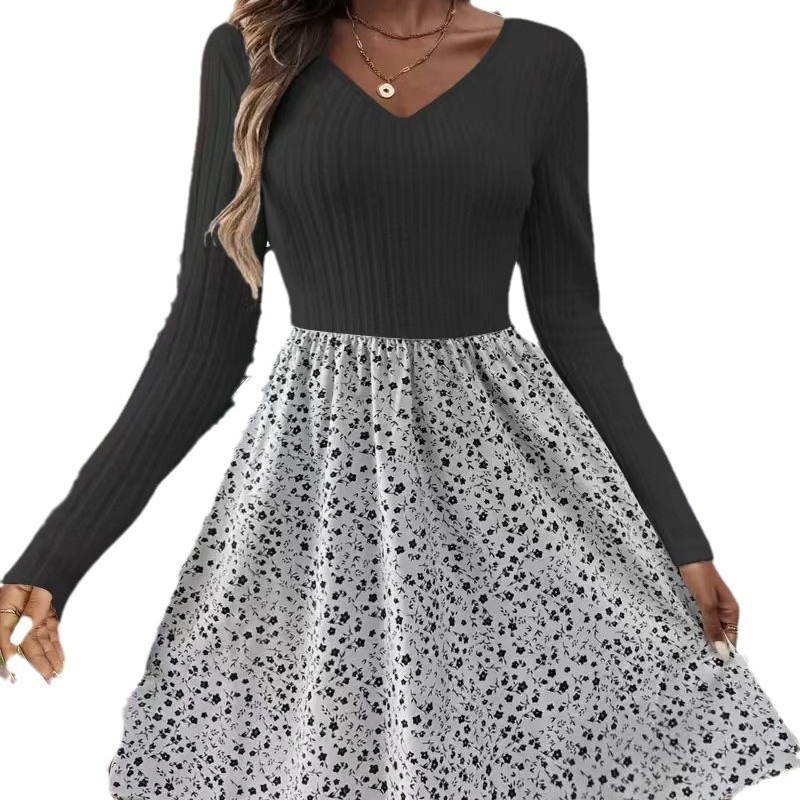 Women's Long Sleeve V-Neck Knit Floral Midi Dress