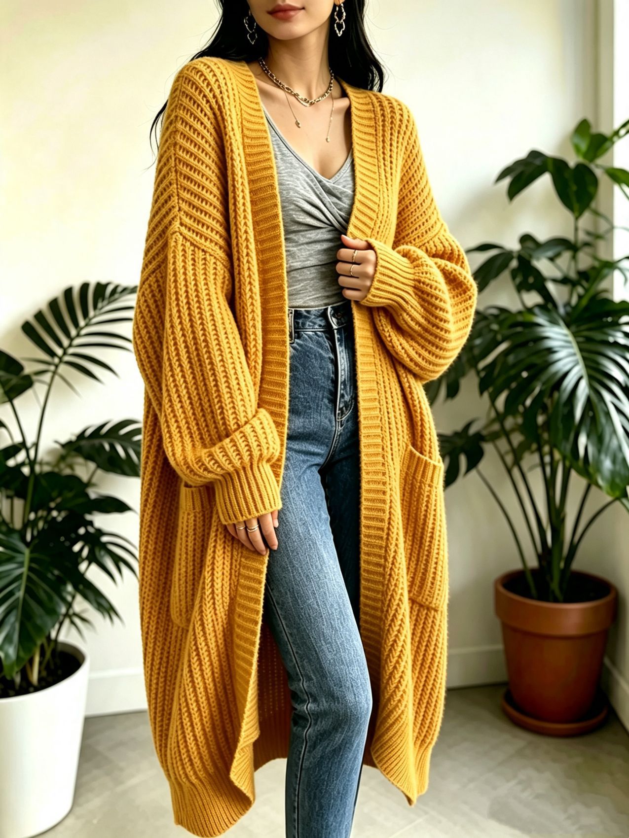 Women's Long Over-Knee Knit Cardigan Loose V-Neck Open Front Sweater Coat