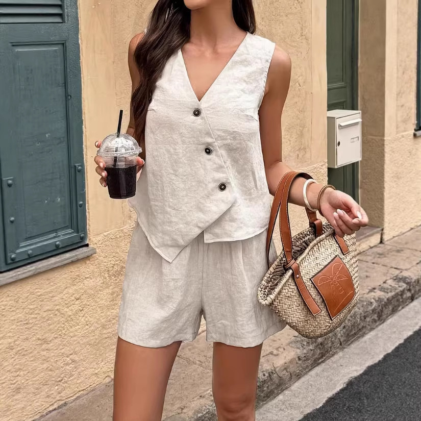 V-Neck Asymmetrical Tank Top and Shorts Two-Piece Set