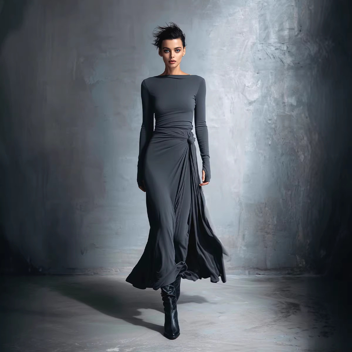 Women's Gray Fine Knit Wrap Long Dress with Knot Detail