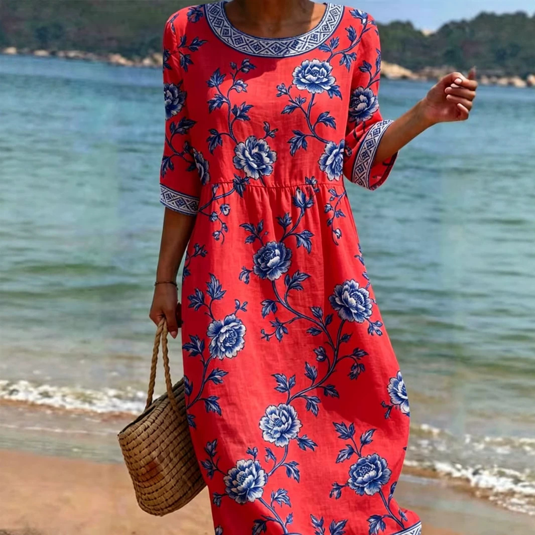 Women's Vintage Floral Print Pleated Midi Dress