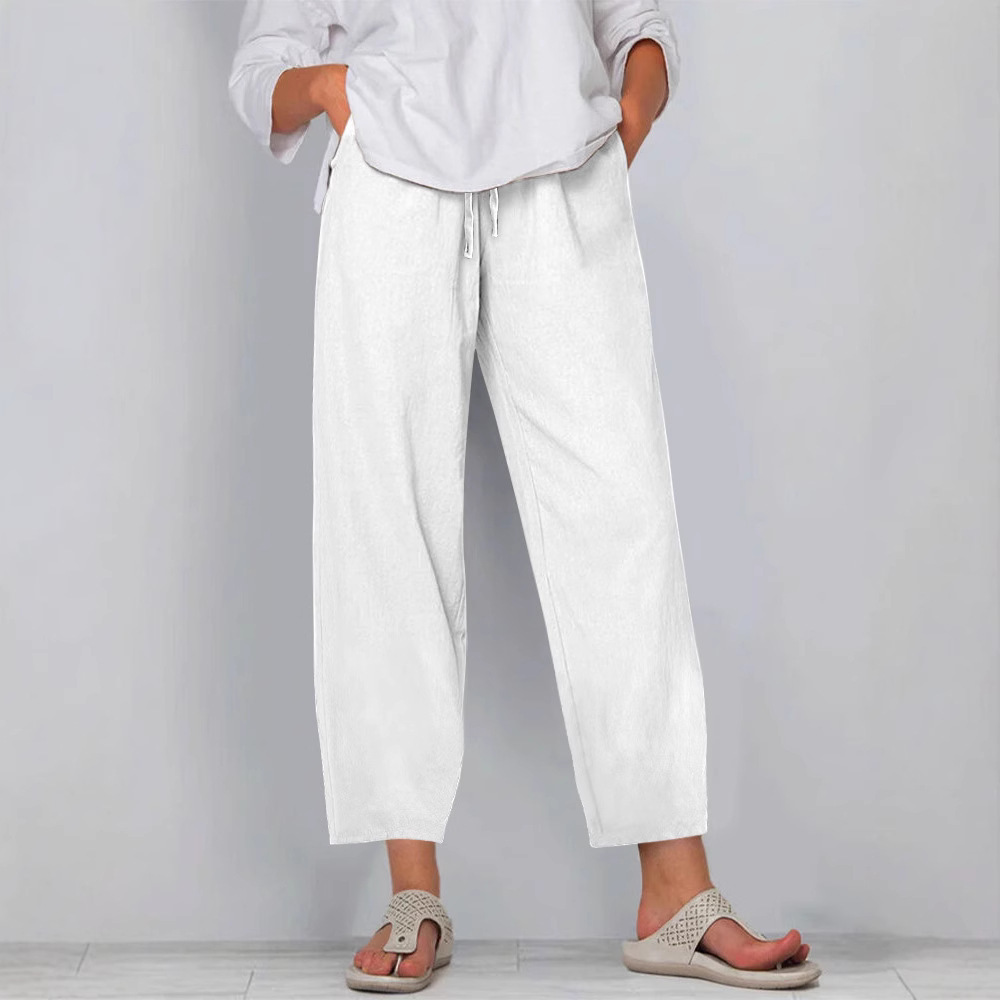 Women's Cotton-Linen Wide-Leg Pants with Elastic Waist Solid Color Casual Long Pants