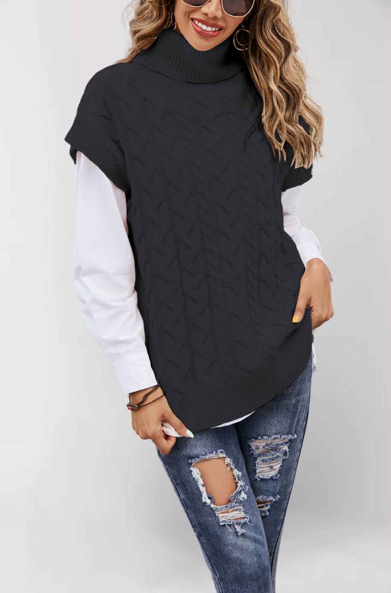 Women's Sleeveless Cable Knit Turtleneck Sweater Vest Loose Pullover
