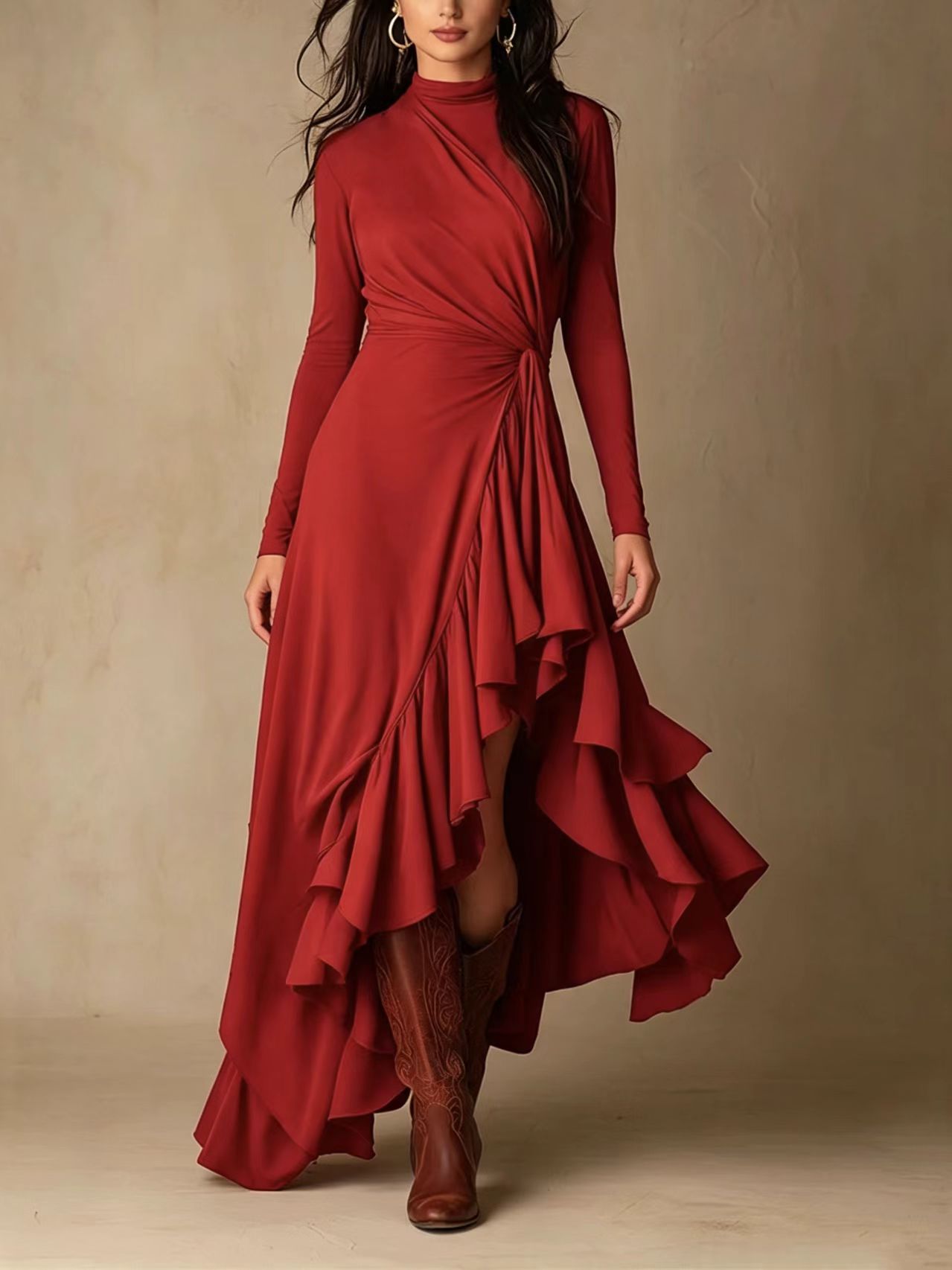 Elegant Solid Long Sleeve Asymmetrical Ruffle Midi Dress