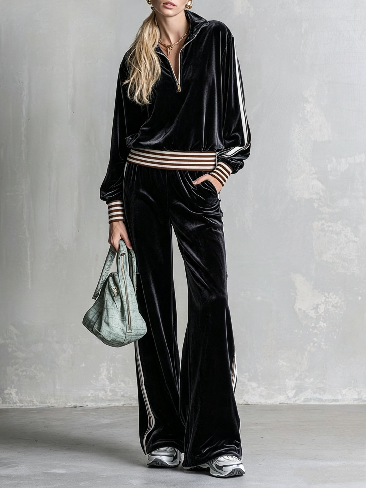 Velvet Side-Stripe Wide-Leg Drawstring Sweatpants