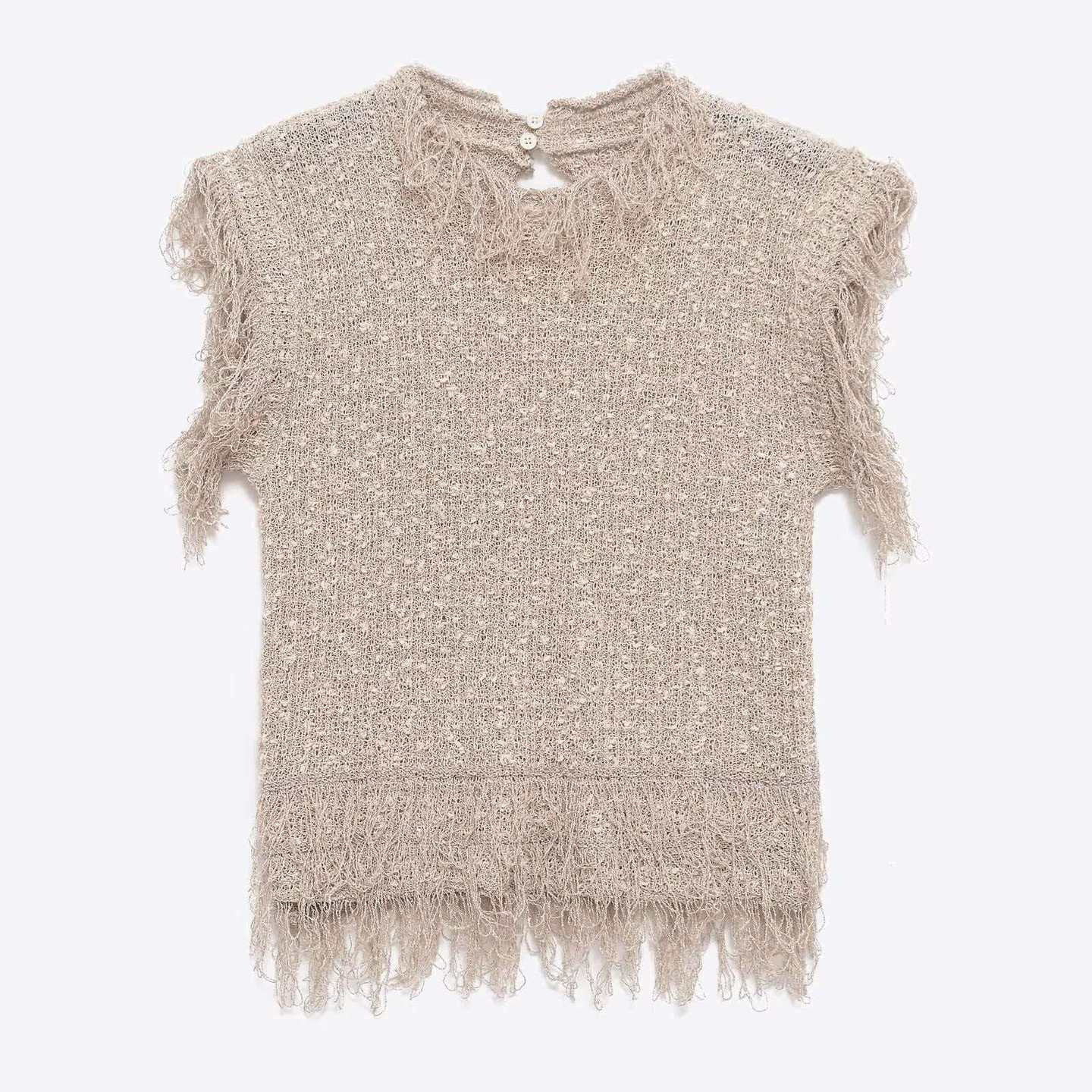 Light Khaki Fringe Knit Top Sleeveless Crew Neck Women's